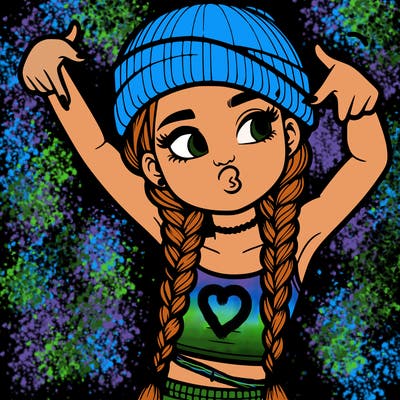 realistic teenage girl with braids and a beanie and crop top doing 🫶🏼
