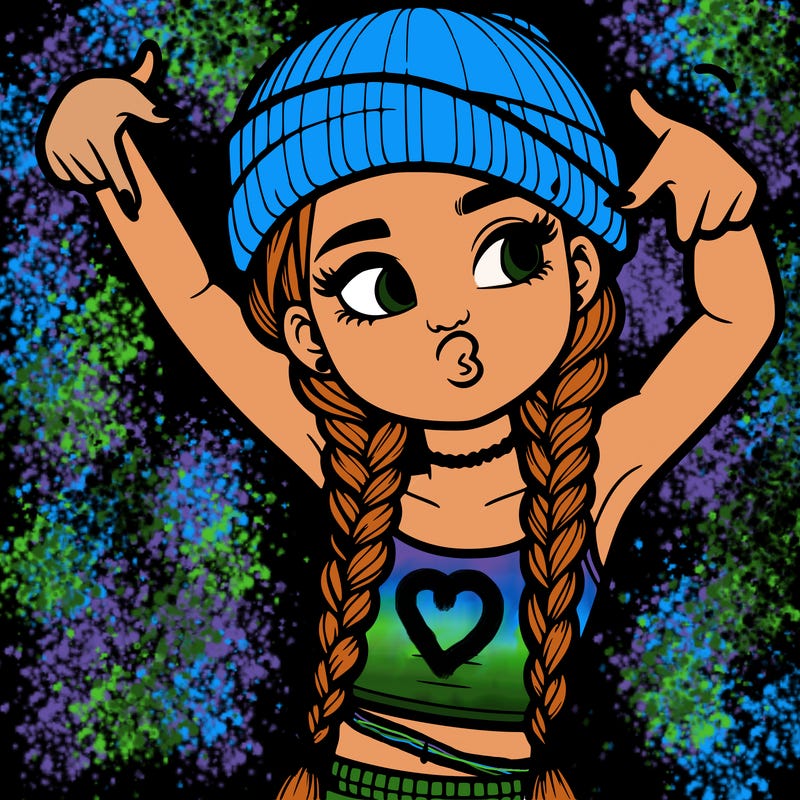 realistic teenage girl with braids and a beanie and crop top doing 🫶🏼
