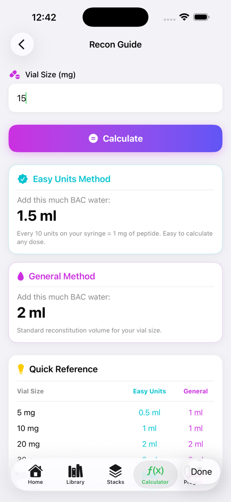 PepWise - Peptide Tracker - PepWise app interface for peptide reconstitution guide and dosage calculator