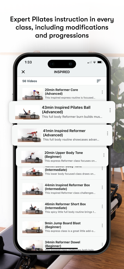 Pilates Project - Una lista de clases de video de Pilates dirigidas por expertos en la aplicación Pilates Project que muestran niveles de principiante a avanzado
