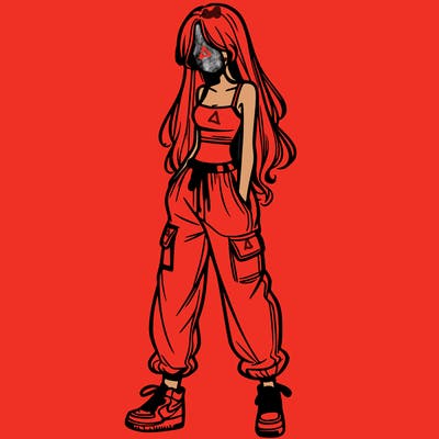 girl in baggy pants crop top and long hair