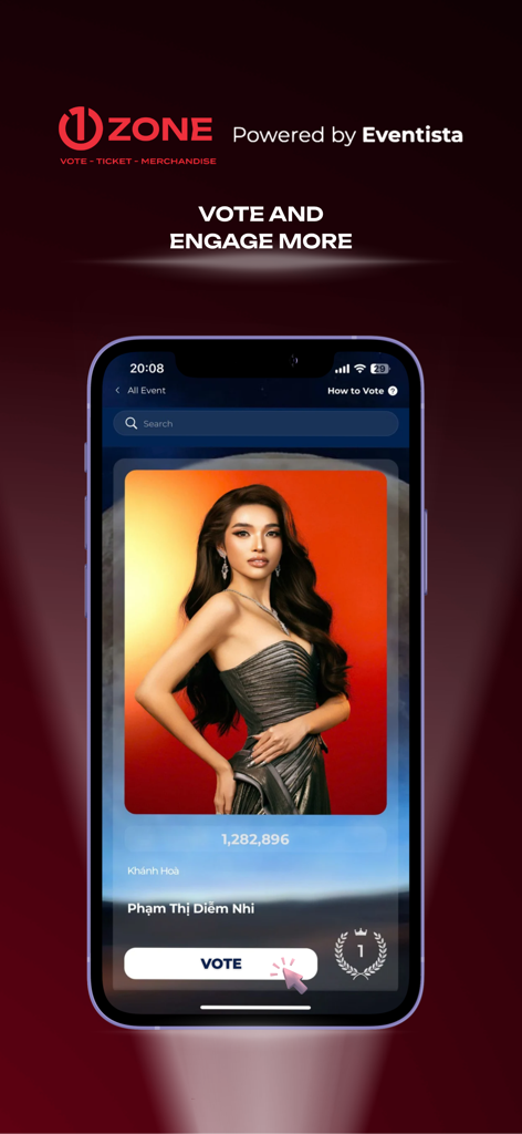 1Zone - Mobile app interface of 1Zone showing a contestant profile with a large vote button for fan engagement.