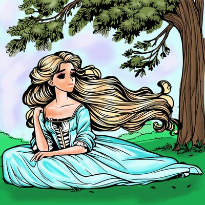 realistic regency girl sitting under a tree with hair flowing in the wind