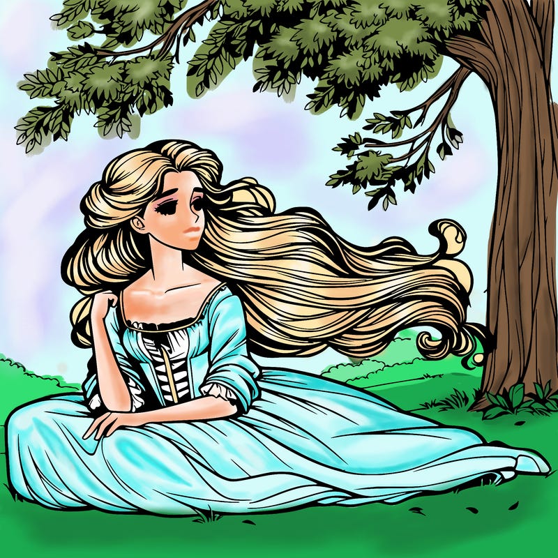 realistic regency girl sitting under a tree with hair flowing in the wind