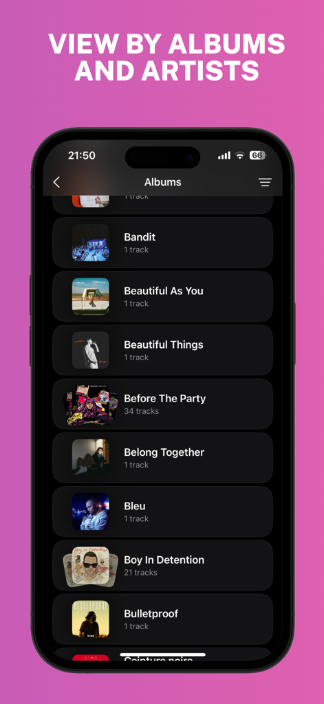 Musiq: Offline Music Player - Musiq app showing a list of music albums with cover art and track counts