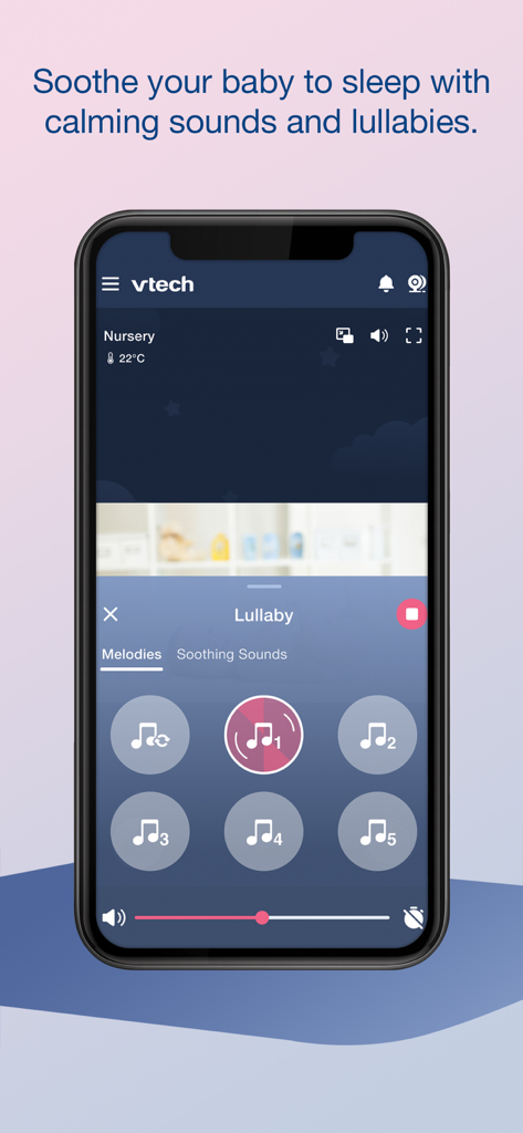 Pantalla de smartphone mostrando la interfaz de la aplicación MyVTech Baby Plus con opciones para reproducir canciones de cuna y sonidos relajantes para un bebé.