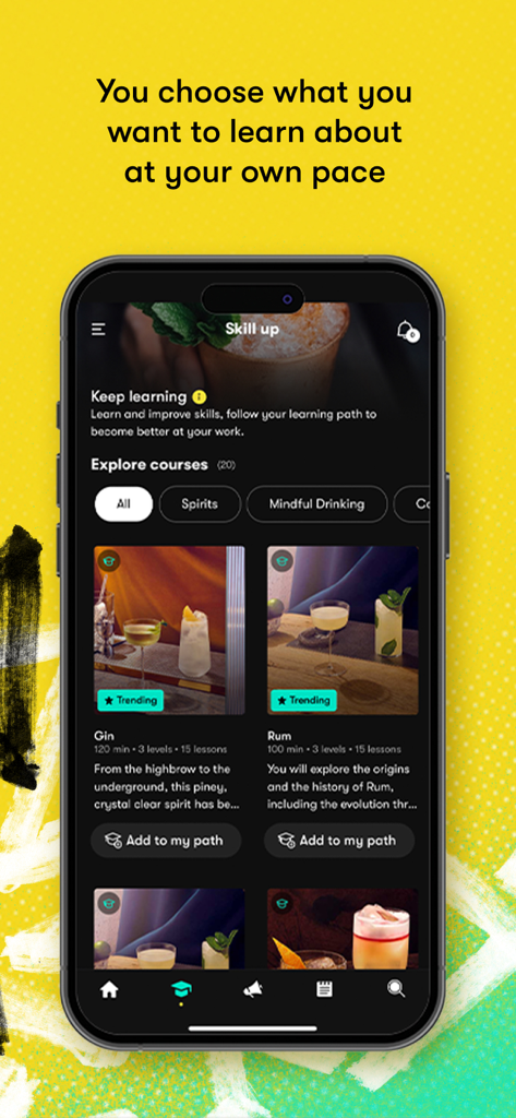 Freepour - For Pro Bartenders - Freepour app screen displaying bartending training courses for Gin and Rum under the Skill up section