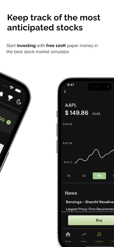 Redvest mobile app screen displaying an Apple stock chart and virtual trading features