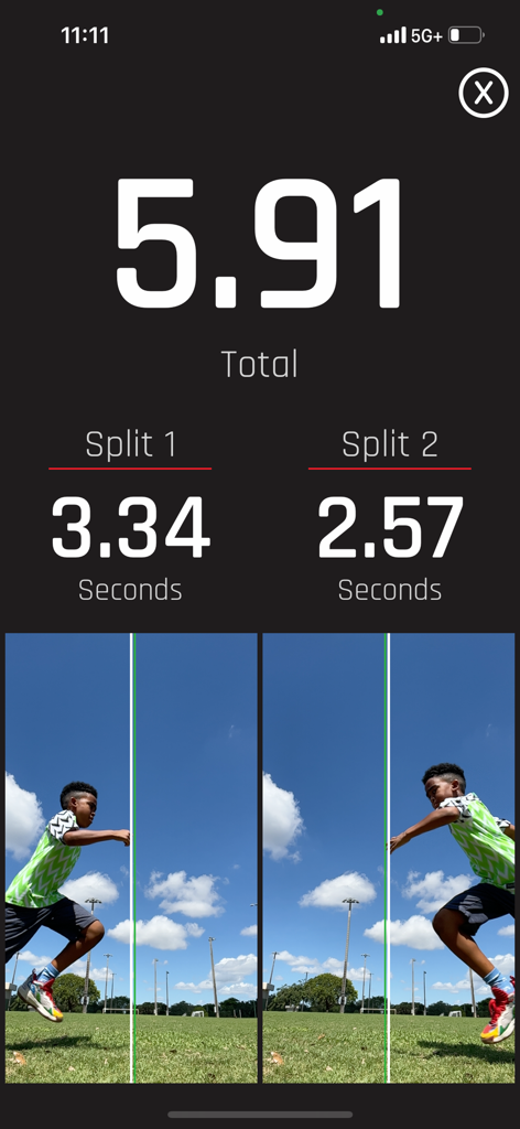VERT app screen showing total time and split intervals for an agility test with video analysis