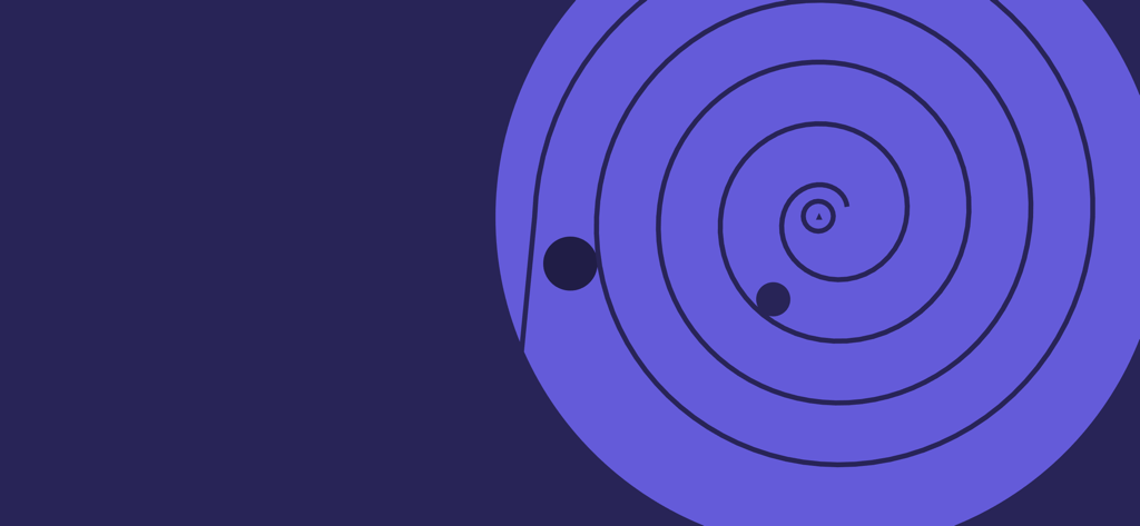 Minimalist physics platformer gameplay showing a ball rolling through a purple spiral circle