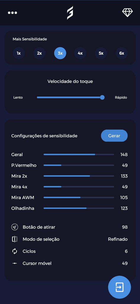 Tela do aplicativo Goxit mostrando as configurações de sensibilidade e velocidade de toque do jogo