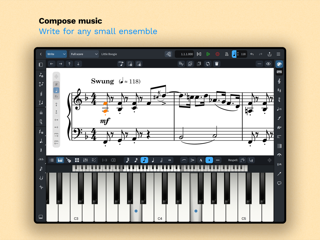 Interface de l'application Dorico for Education sur iPad pour composer de la musique avec une partition de piano et un clavier virtuel.