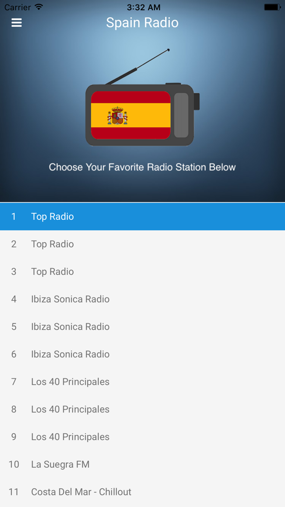 Hauptbildschirm der Spain Radio App mit einer Liste spanischer FM-Radiosender