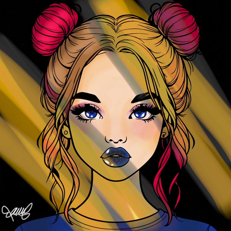 realistic girl with two buns in hair and lips