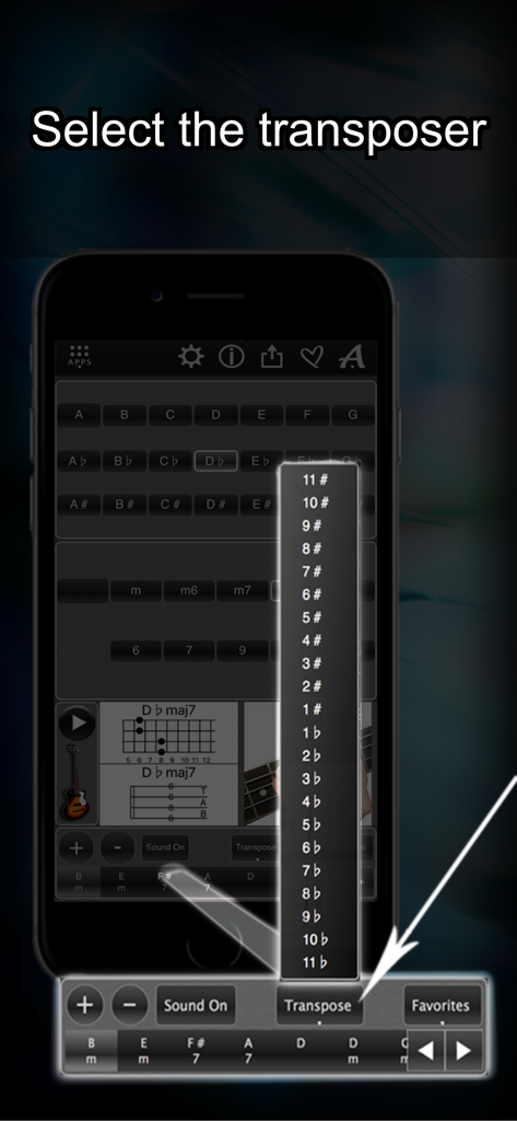 120 Bass Chords - Una pantalla de smartphone mostrando el menú de transposición en la aplicación 120 Acordes de Bajo