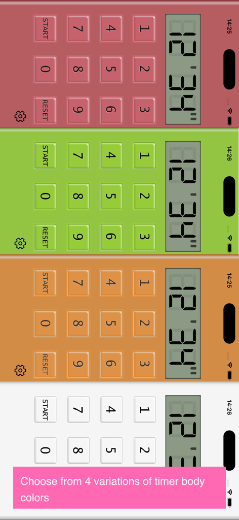 Kitchen Timer+ - Four color variations of the Kitchen Timer plus app interface in pink green orange and white
