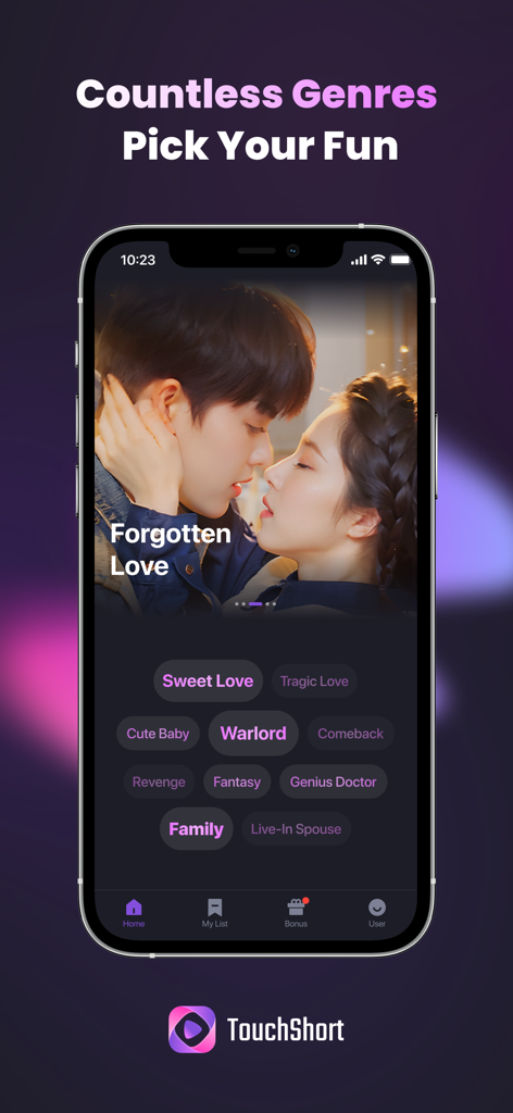 TouchShort-TV - Smartphone screen displaying drama categories and genres in the TouchShort-TV app.