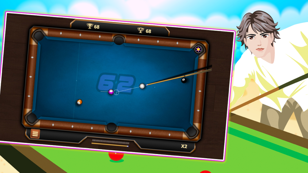 A blue pool table with billiard balls and a pool cue being aimed in the 8 Ball Pool mobile game
