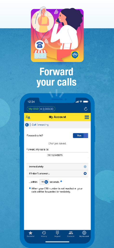 My 050 - Mobile interface of the My 050 app displaying call forwarding settings and options