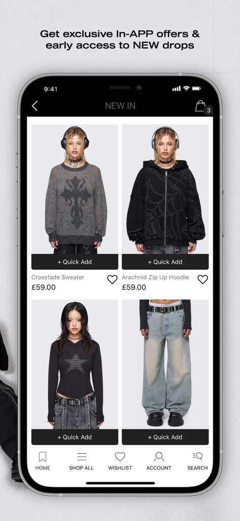 Minga London US - Tela do aplicativo Minga London US mostrando novas chegadas em moda alternativa com ofertas exclusivas no aplicativo.