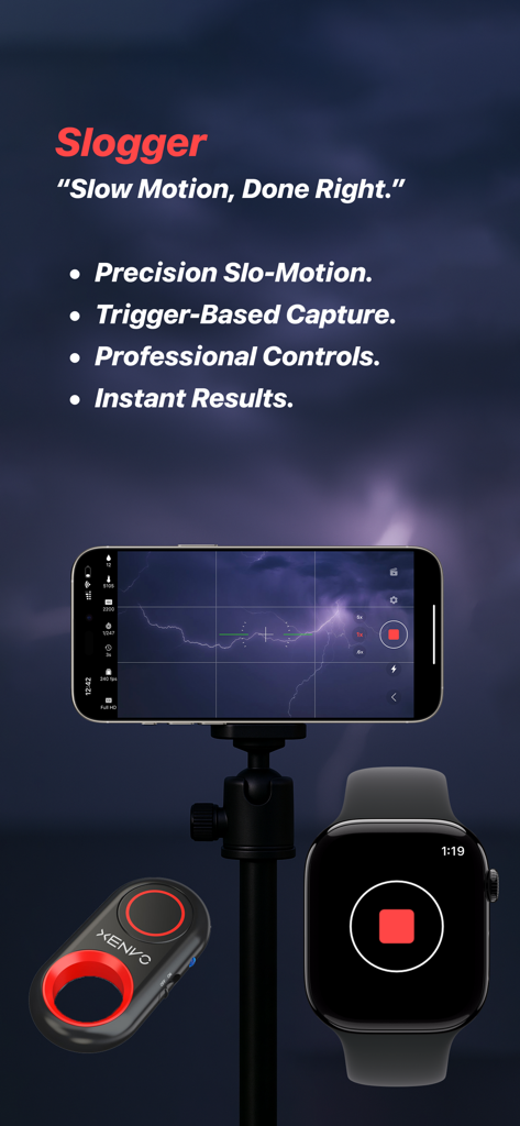 Slogger: Pro Slow Motion - Slogger app showing iPhone on tripod capturing lightning with Apple Watch remote trigger
