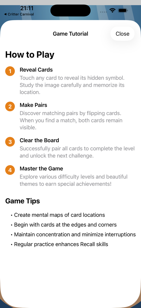 LagomorphMatch - Game tutorial screen showing how to play LagomorphMatch with instructions and memory training tips