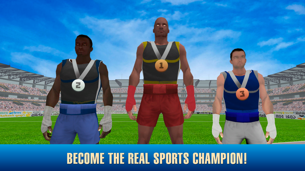 Athletics High Jump Contest - Three virtual athletes standing on a winner podium with medals in a stadium