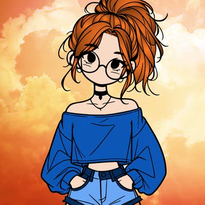 girl with a messy ponytail glasses a baggy crop top and jean shorts