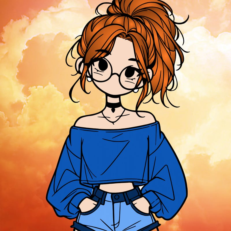 girl with a messy ponytail glasses a baggy crop top and jean shorts