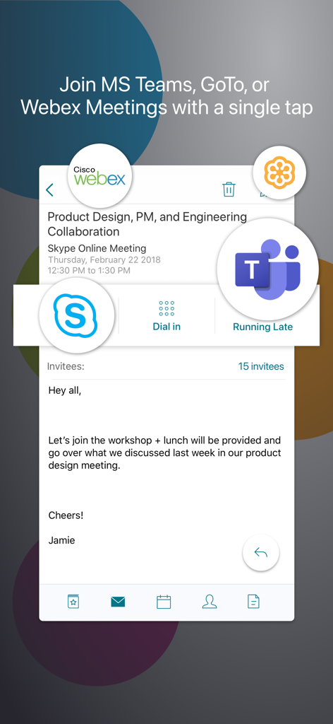 Citrix Secure Mail - Interfaccia di Citrix Secure Mail che mostra l'accesso con un tocco per le riunioni Microsoft Teams e Cisco Webex