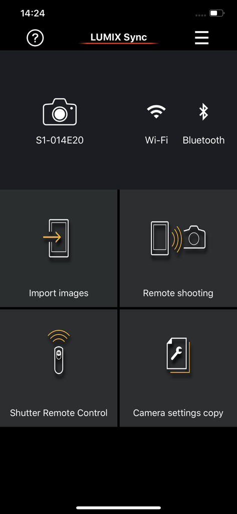 Panasonic LUMIX Sync - Panel de la aplicación LUMIX Sync que muestra iconos para disparo remoto, importación de imágenes y control de cámara