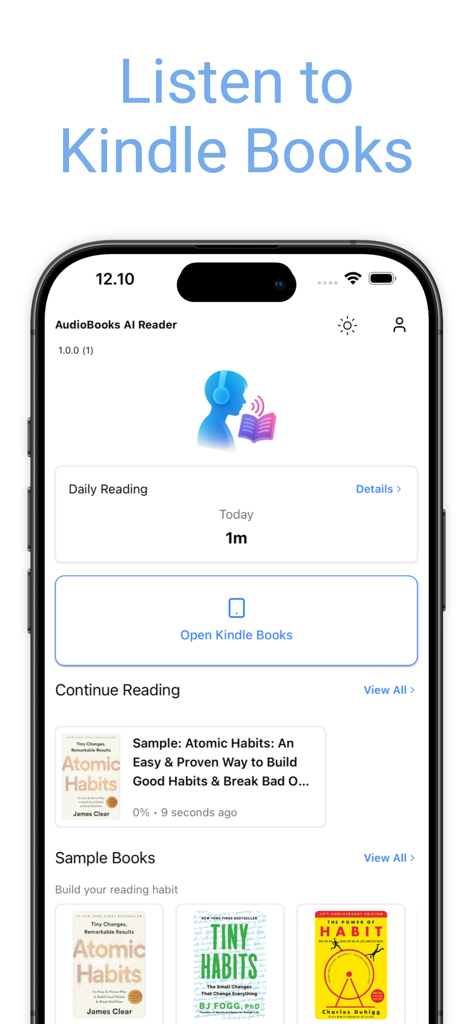Audio Book Unlimited to Kindle - Interface do aplicativo Livro em Áudio Ilimitado mostrando o tempo diário de leitura e a interface da biblioteca de livros Kindle