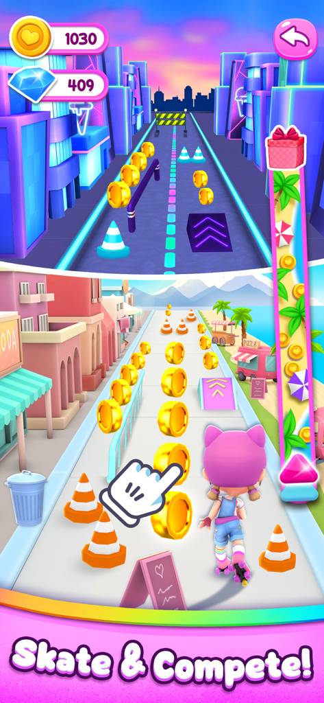 A girl rollerskating and collecting coins in a colorful race level of Cutie Care Sweet Nanny