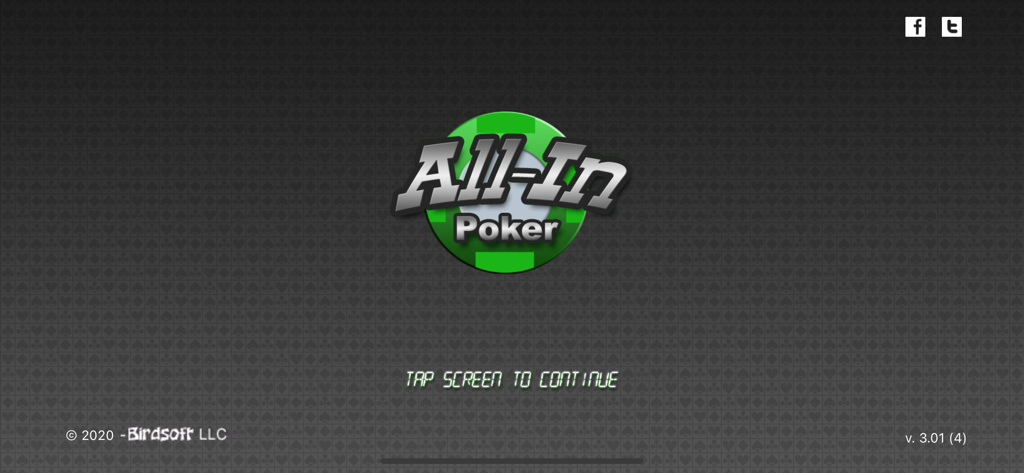 All-In Poker - Tela inicial do aplicativo All In Poker com logotipo e fundo de naipes de cartas