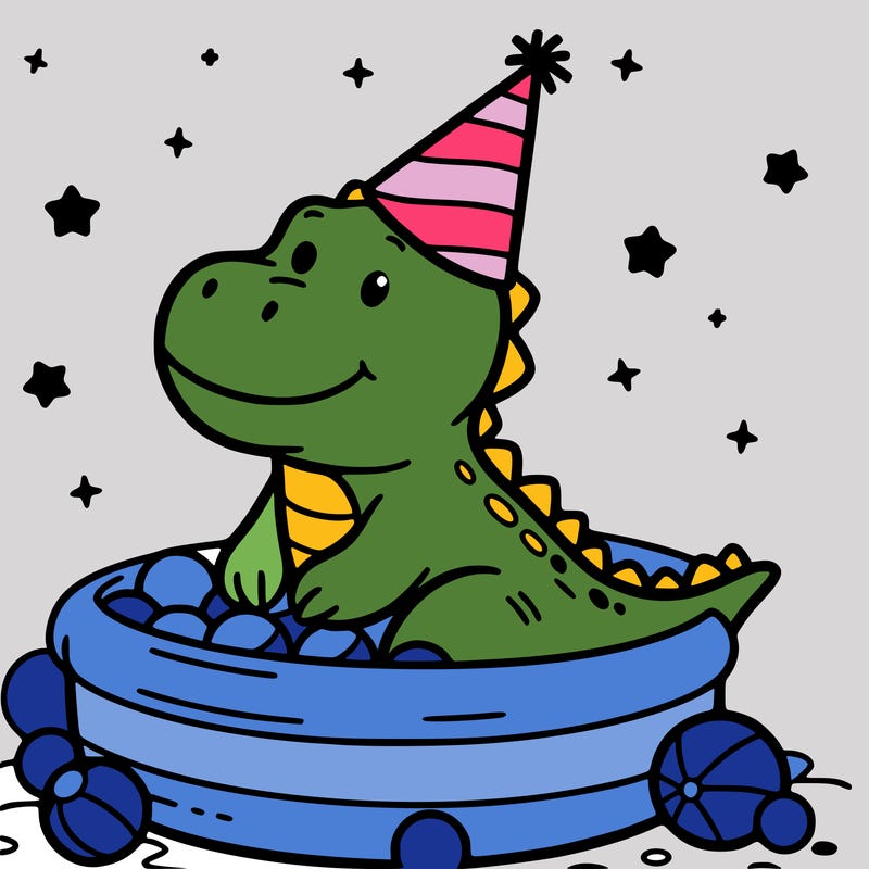 dinosaur wearing party hat in ball pit