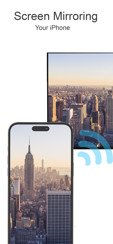 An iPhone mirroring a cityscape photo to a smart TV screen