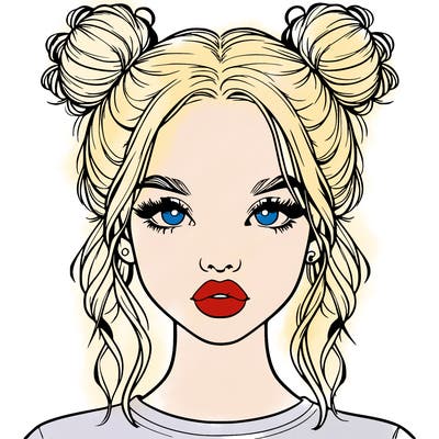 realistic girl with two buns in hair and lips