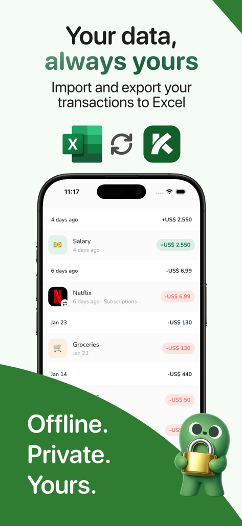 Kesef: Expense Tracker - Captura de tela do aplicativo Kesef Expense Tracker mostrando histórico de transações e exportação de dados para o recurso Excel.
