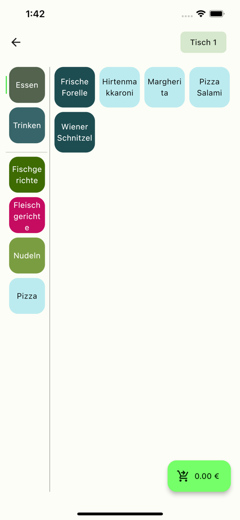 メニューカテゴリと食品アイテムを表示するモバイルオーダーアプリの画面