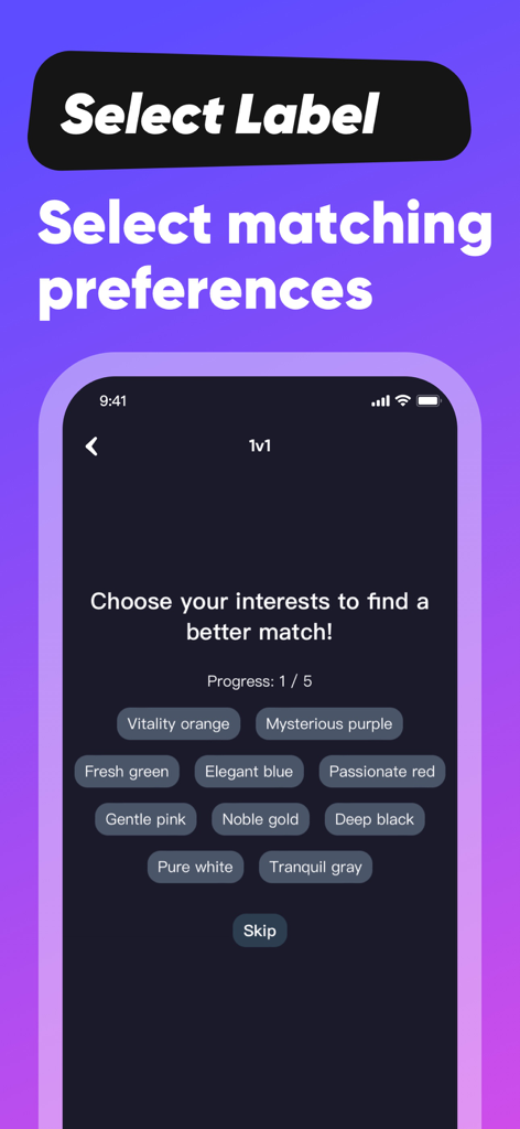 Zestr - Écran de l'application sociale Zestr pour la sélection des centres d'intérêt comme Vitality orange et Mysterious purple pour les préférences de correspondance.
