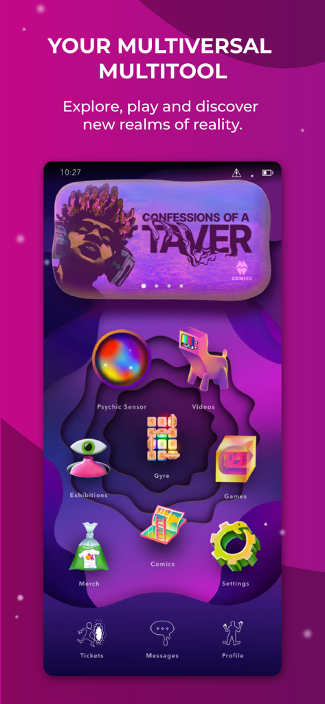 Meow Wolf - Meow Wolf app home screen displaying the multiversal multitool with various features like psychic sensor, comics, and games