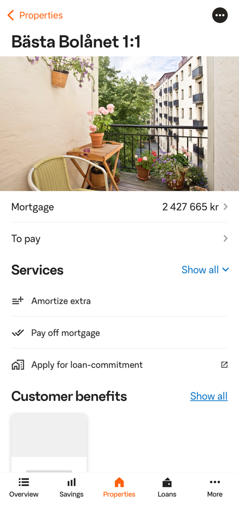 Interfaccia dell'app SBAB che mostra il saldo del debito del mutuo immobiliare e servizi finanziari come ammortamento e impegno del prestito