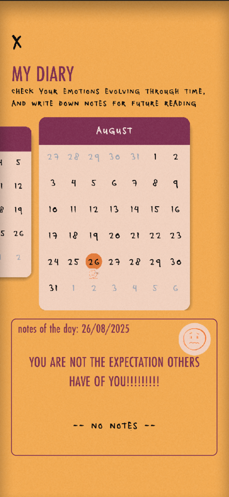 It's Not a Game - Une capture d'écran de la fonctionnalité Mon Journal montrant un calendrier mensuel et une note de réflexion émotionnelle pour la connaissance de soi.