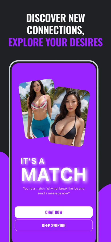 Flamify: AI Chat & Love Dating - Flamify app interface showing a match screen with an AI character profile and options to chat now or keep swiping