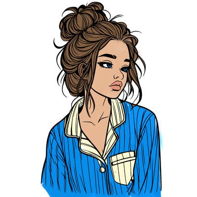 realistic woman with pajamas on and a messy bun