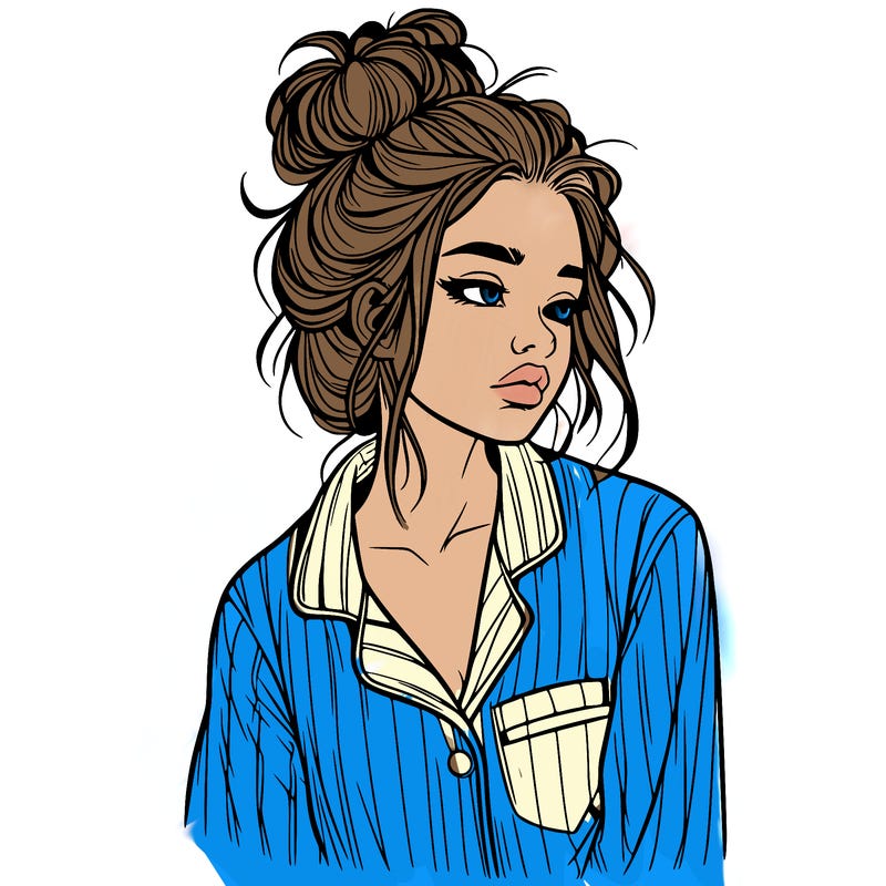 realistic woman with pajamas on and a messy bun