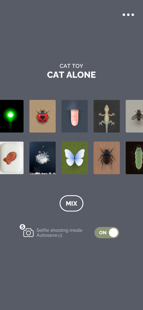 Main menu of the CAT ALONE app showing 10 different game stages for cats with selfie mode enabled