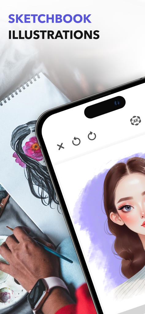 My Sketchbook - Masterclass - A digital portrait drawing of a girl on a smartphone screen next to a physical sketch and painting palette