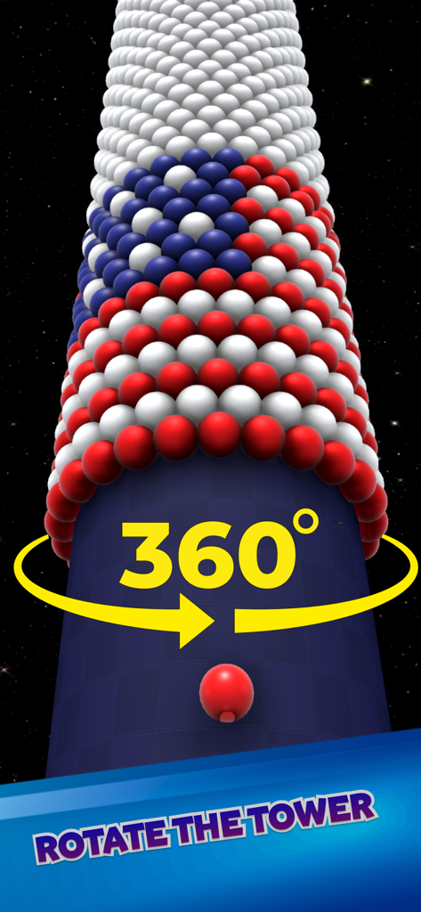 Bubble Tower 3D! - Gameplay di Bubble Tower 3D che mostra una torre di bolle colorate con una freccia di rotazione a 360 gradi e istruzioni per ruotare la torre