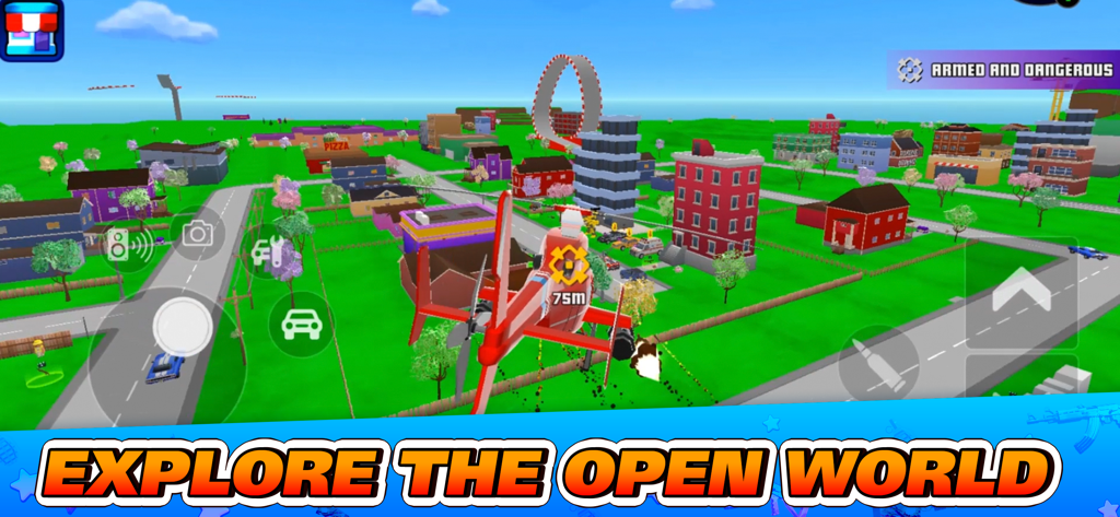 Gangs Wars City: Pixel Shooter - A red airplane flying over a blocky pixel city in an open world sandbox environment